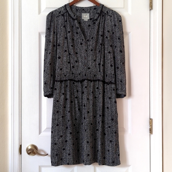 Maeve Anthropologie Galen Dotted Chevron Quarter Sleeve Mini Shift Dress Black M - Picture 1 of 13